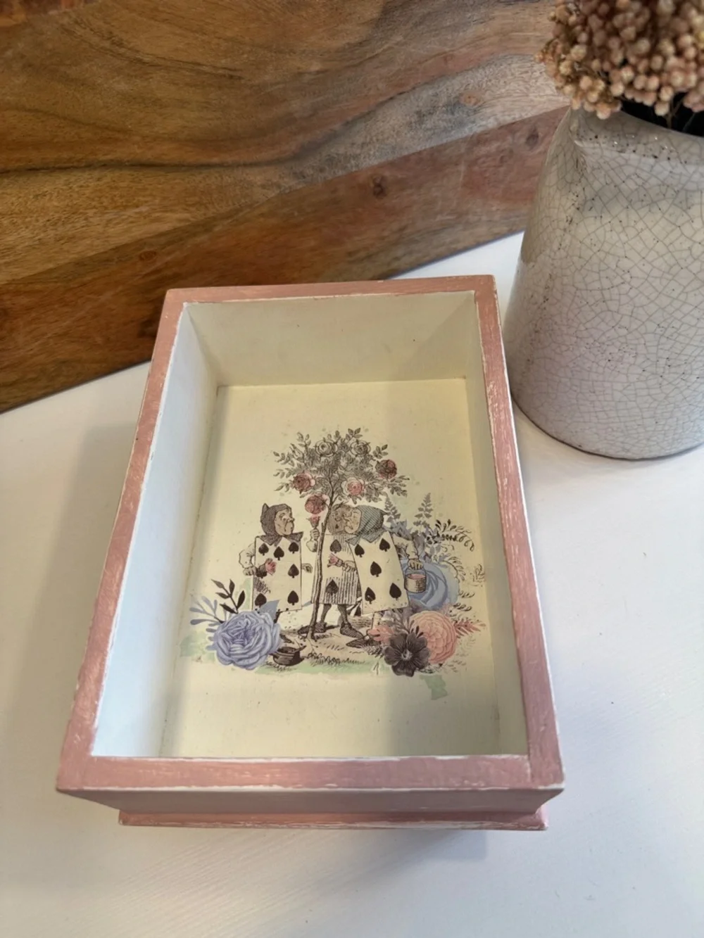 Decorative Painted Wooden Trinket Box or Catch All in Pale Pink and Cream